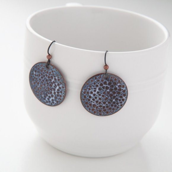 Handmade Copper Enamel Earrings Pierced Dangle Round Boho Rustic Handcrafted - Picture 3 of 11
